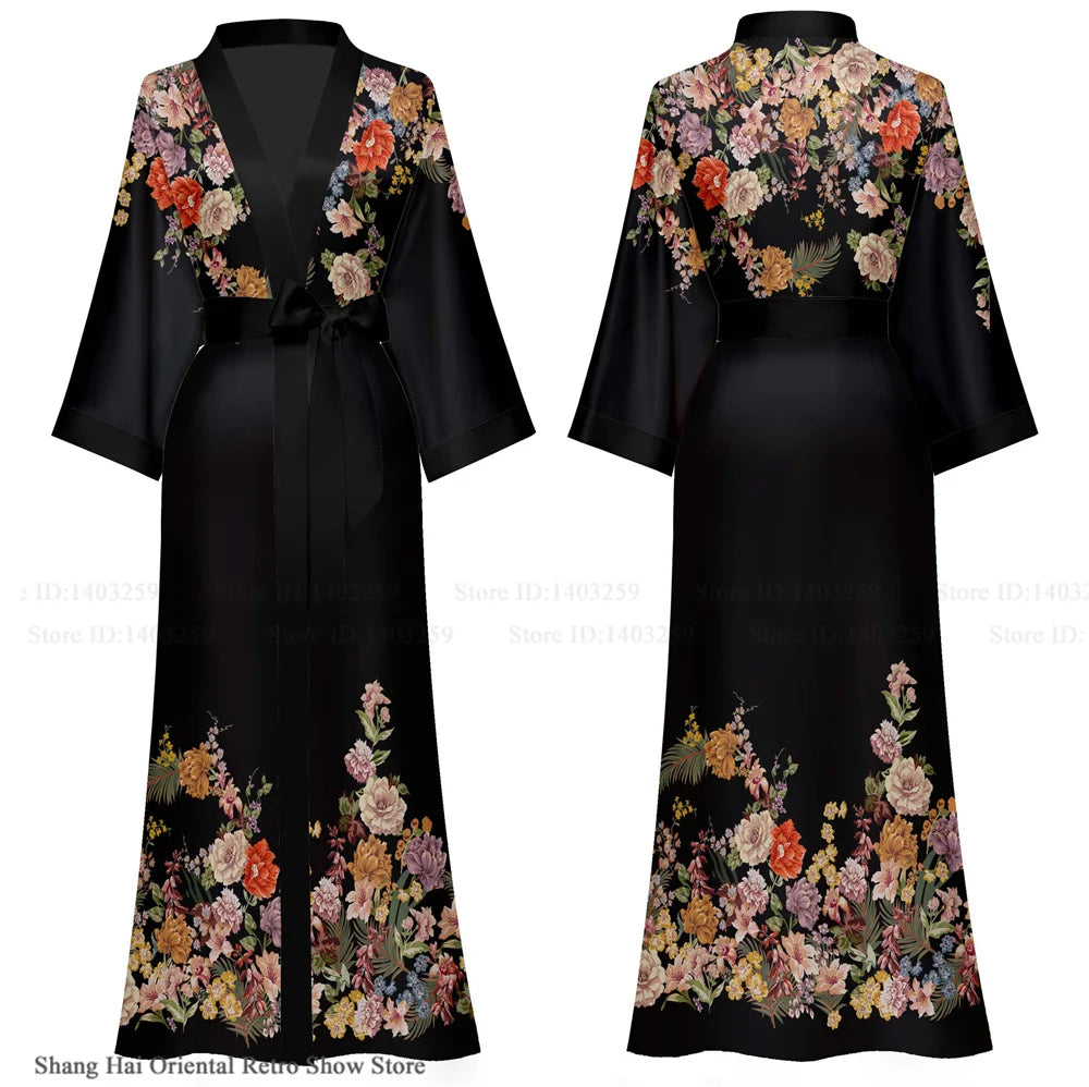Elegant Print Flower Women Long Robe Loungewear Silky Satin Kimono Bathrobe Gown Spring Autumn New Sleepwear Home Dress Negligee
