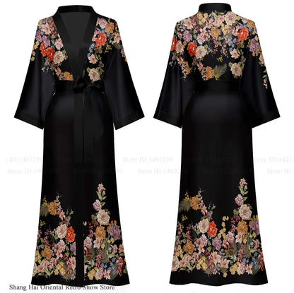 Elegant Print Flower Women Long Robe Loungewear Silky Satin Kimono Bathrobe Gown Spring Autumn New Sleepwear Home Dress Negligee