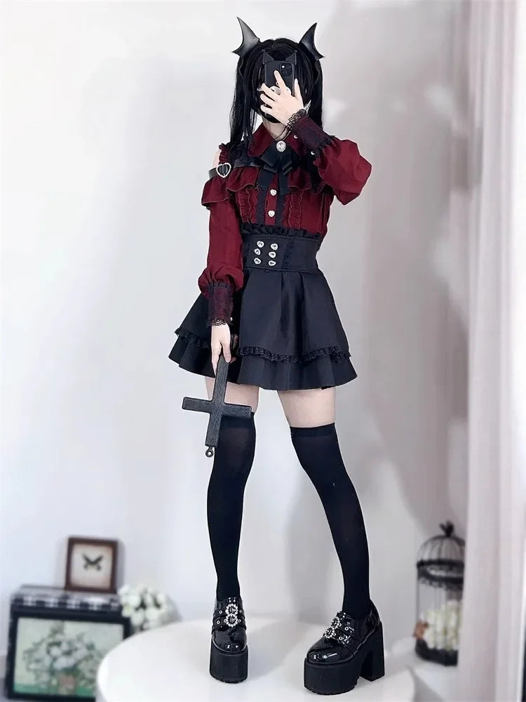 Women‘s Lolita Set Dark Femme Mesh Top & Waist Cinching Skirt, 2025 Autumn Japanese Street Style Coord for Gothic Baddie Fashion