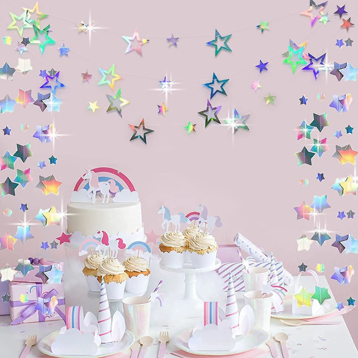 3.7M 12.1ft Paper Silver Star Garland Room Hanging Decoration Birthday Party Decoration BannerAdult Graduation New Year Decor