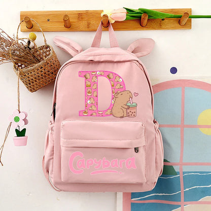Capybara Cute Backpack Girls Capibara Anime Letter A-Z Schoolbag Kids School Travel Shoulders Bag Outdoor Sport Rucksack Gift