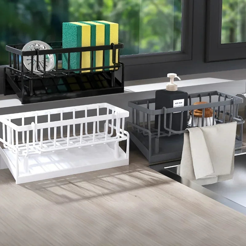 Drill-Free Sink Organizer Multi-Use Sponge Soap Holder Draining Rack for Kitchen Countertop Storage Waterproof Shelf 1PC
