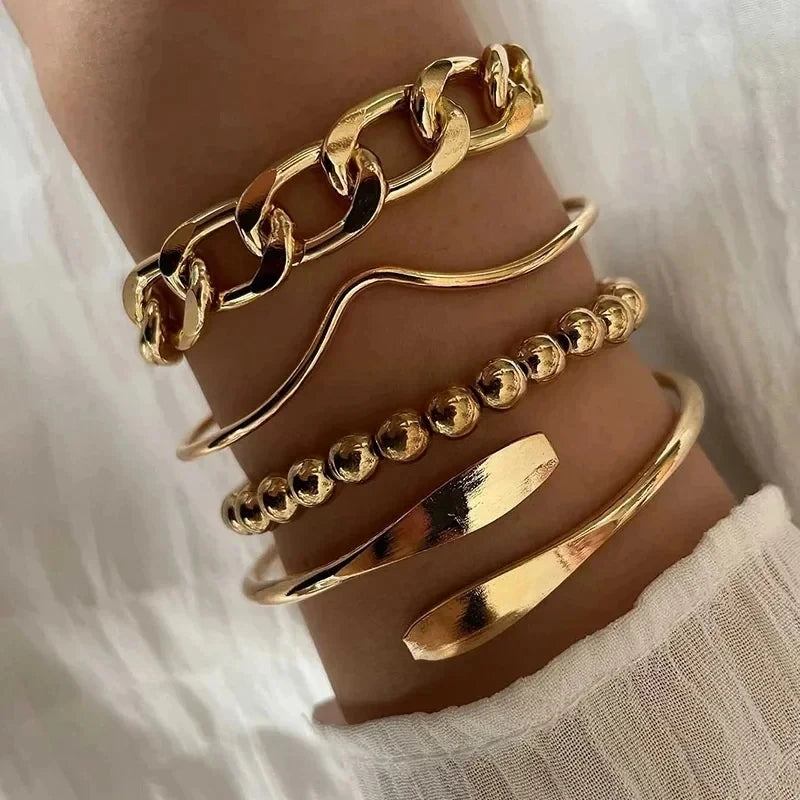 3 Pcs/set Geometric Twisted Lines Irregular Shaped Open Cuff Bracelet and Bangle Set for Women Punk Exaggerated Style Accessor