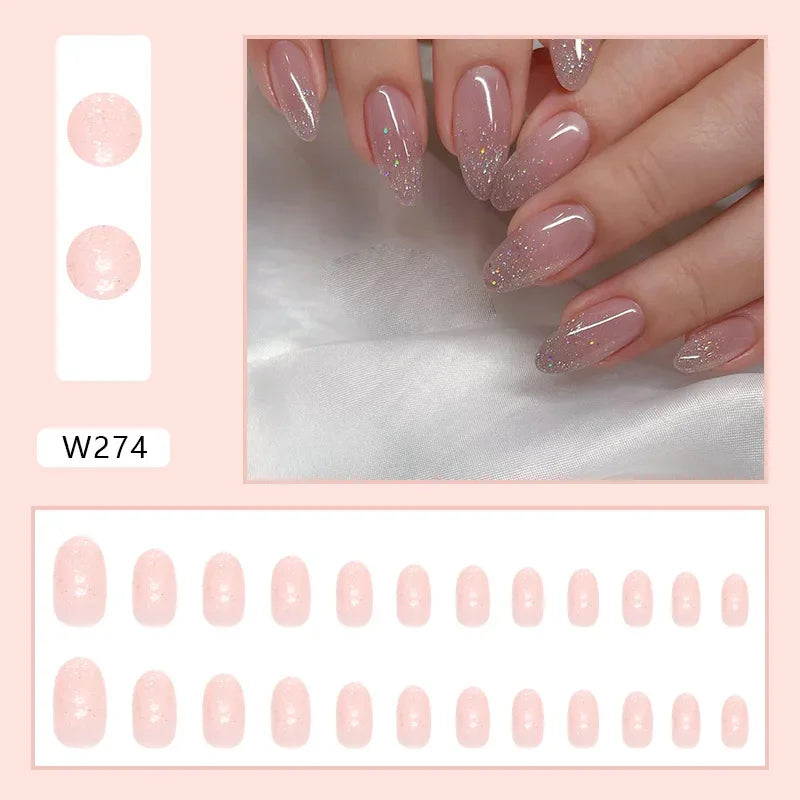 Fresh Green Tea 24 Pcs Fake Nail with Jelly sticker Press on False Nails Wearable Round Head Oval Full Cover Nail Tips