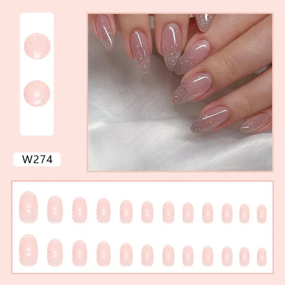 Fresh Green Tea 24 Pcs Fake Nail with Jelly sticker Press on False Nails Wearable Round Head Oval Full Cover Nail Tips