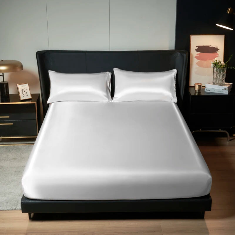 1Pc Satin Fitted Sheet Solid Colour Twin Full Queen Ice Silk Mattress Cover Natural With Elastic Band Bed Sheet (No Pillowcase)