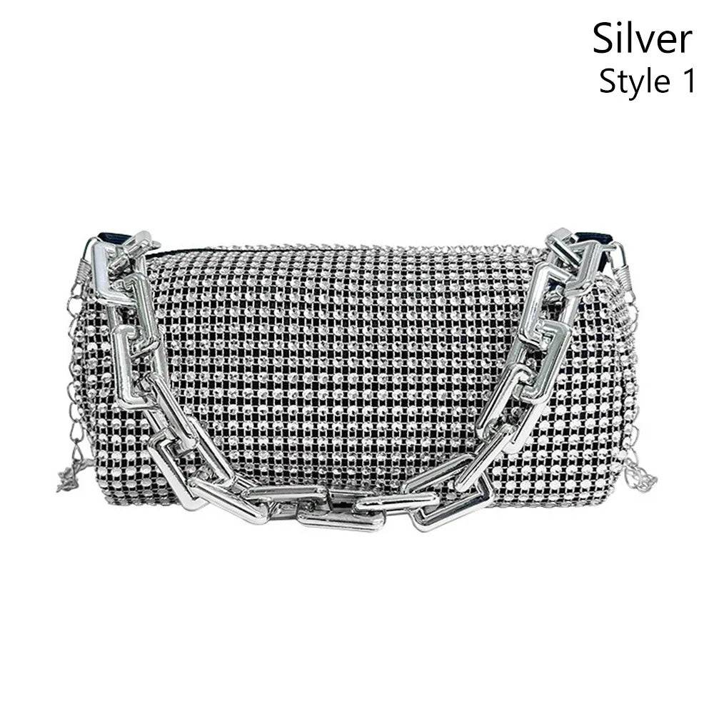 All Diamond Design Shoulder Bag Personalized Color Sparkling Bucket Bag Thick Chain Wedding Accessory Underarm Bag