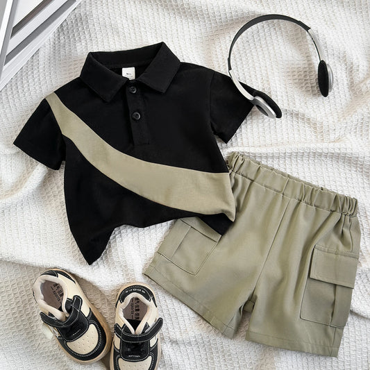 2Pcs Baby Boys' Sports and Leisure Set lapel Color blocked Short Sleeves and Shorts for 0-3 Year Toddlers Baby Boys Summer Set