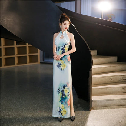 Sexy Halter Cheongsam Lady Split Qipao New Chinese Style Improved Dress Gown Satin Cheongsams Hollow Out Vestidos Bigsize 4Xl5Xl