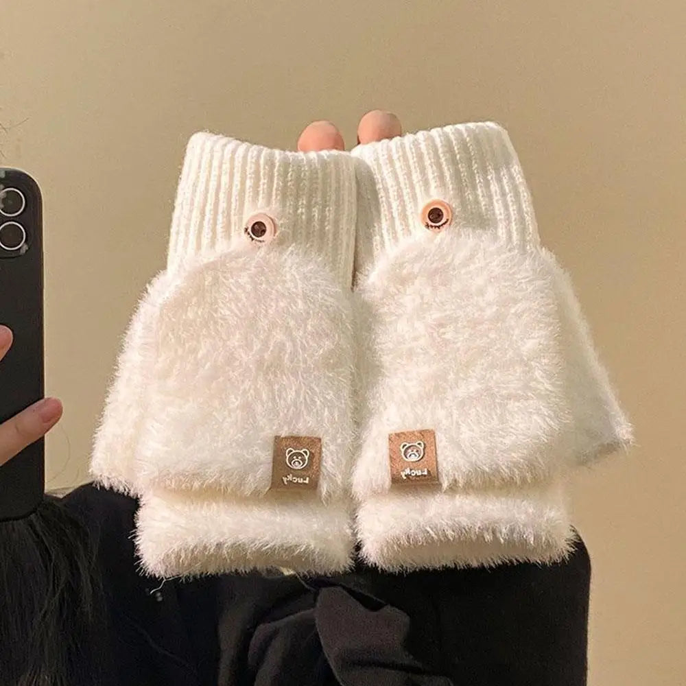 Winter Soft Fleece Half Finger Gloves Plush Knitted Fingerless Gloves Fuzzy Flexible flip Wrist Mittens Student Writting Gloves