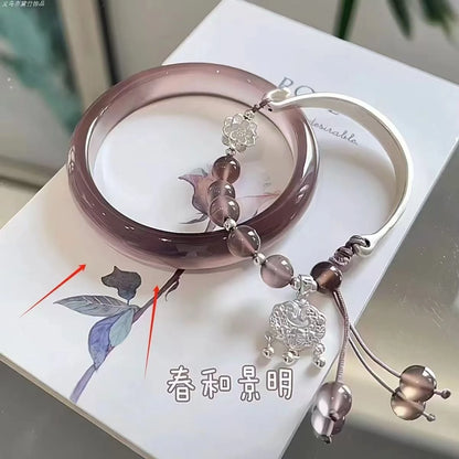 2pcs set Chinese Style Temperament Sliver Color Butterfly Safety Lock Tassel Splice Bracelet Bangles for Women Charm Jewelry