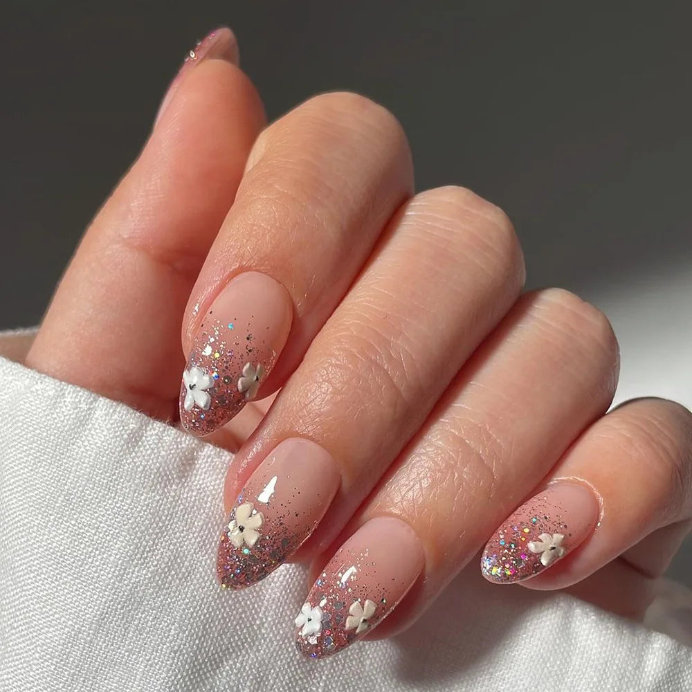 24Pcs Square Press-on Nails Set with Pink Flower Patterns Full Cover Acrylic French Nail Tips Adhesive For Stylish Women/Girls