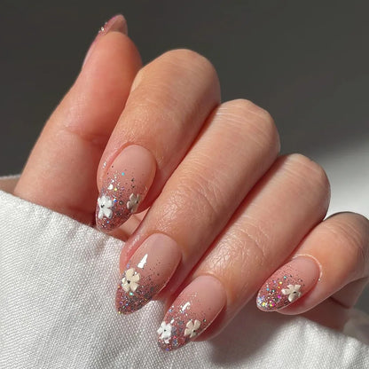 24Pcs Square Press-on Nails Set with Pink Flower Patterns Full Cover Acrylic French Nail Tips Adhesive For Stylish Women/Girls