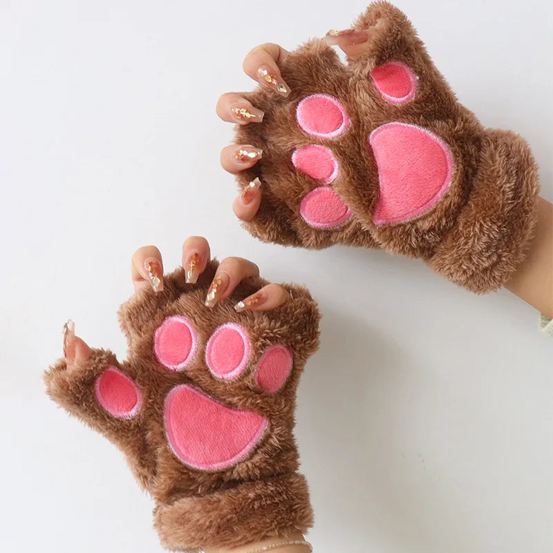 Cute Fashion Cat Paw Fingerless Gloves with Hanging Rope Soft Cold Proof Thickened Plush Gloves Suitable for Cycling and Writing