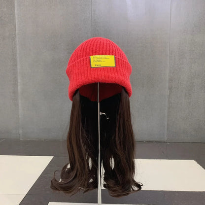 Beanies Hat With Hair Wigs For Women Long  Synthetic Wig Warm Soft Ski Knitted Autumn Winter Cap