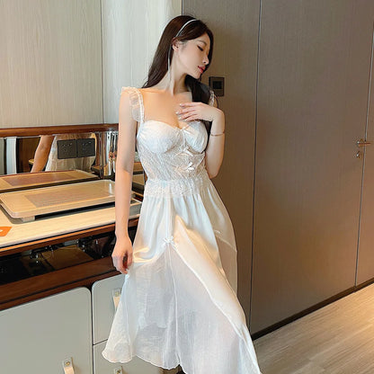 Sexy Long Wedding Twinset Robe Set Nightgown Patchwork Lace Suspender Nightdress Summer Bathrobe Gown Loose Silk Satin Homewear