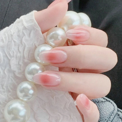 24Pcs/Set Pink Bow French Fake Nails Art Cute with Diamonds Girls Reusable Ballet Press on Nail Tips Oval Acrylic Stick on Nails