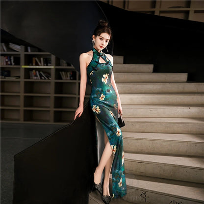 Sexy Halter Cheongsam Lady Split Qipao New Chinese Style Improved Dress Gown Satin Cheongsams Hollow Out Vestidos Bigsize 4Xl5Xl
