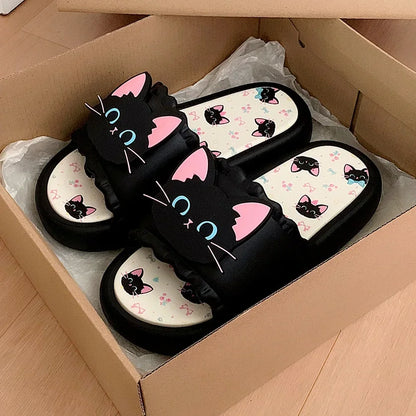 Summer Fashion Women's Slippers Cute Little Black Cat Sandals Soft Bottom Home Wear Couples Slippers PVC Material