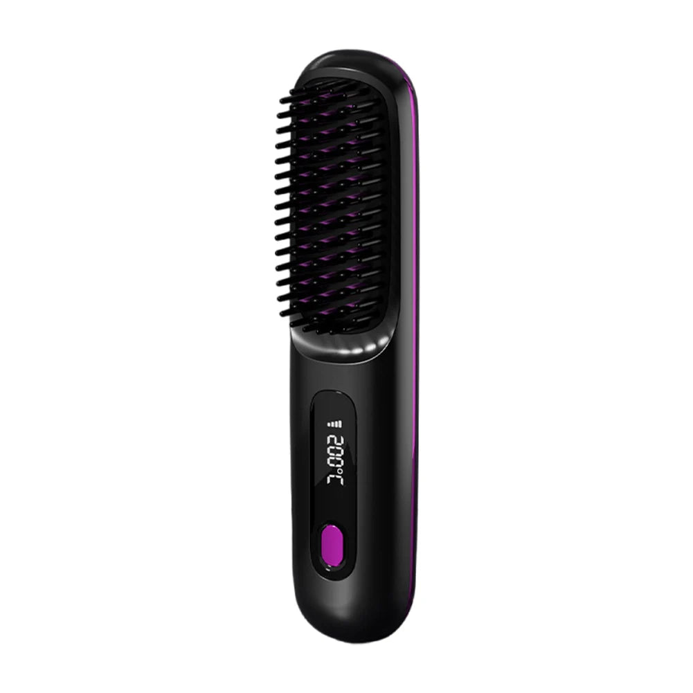 Portable Straightener Brush Cordless Hair Straightener Brush 3Setting Temperature Rechargeable Ceramic Hot Comb Brush for Travel