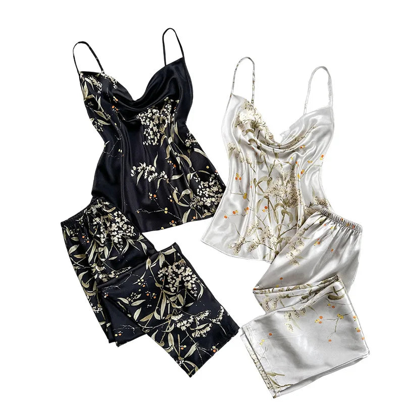2Pcs Summer Sexy New Fashion Women's Pajamas Top Women Printed Backless Slip Dress Imitation Silk Loungewear Simple Sleepwear