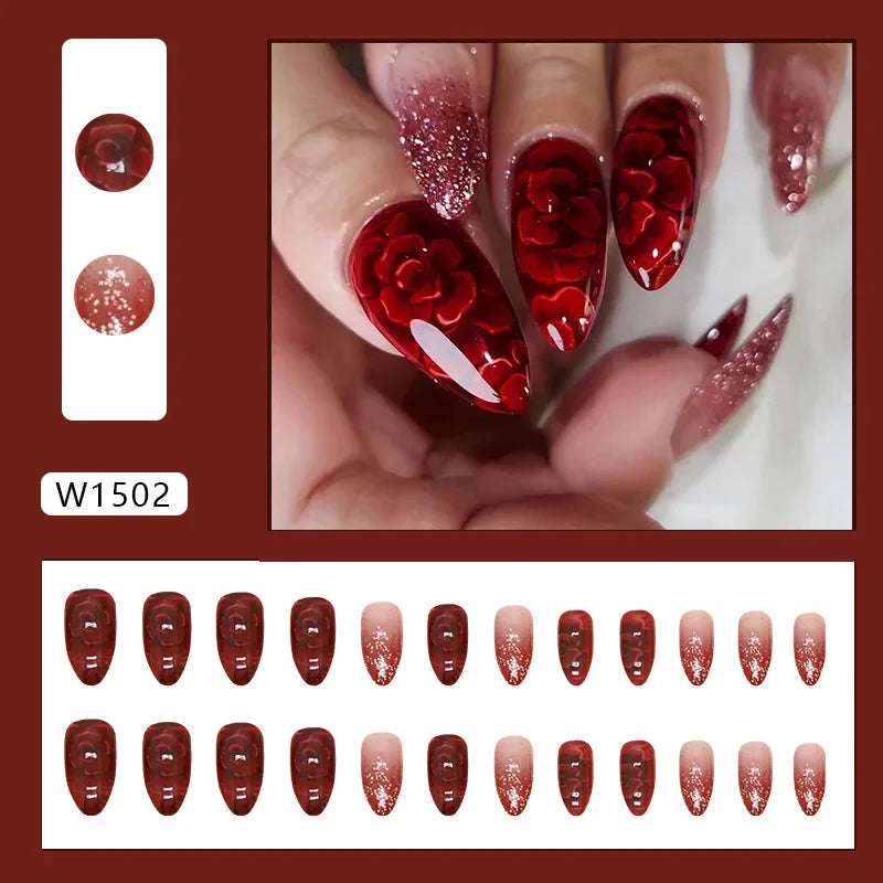 Fresh Green Tea 24 Pcs Fake Nail with Jelly sticker Press on False Nails Wearable Round Head Oval Full Cover Nail Tips