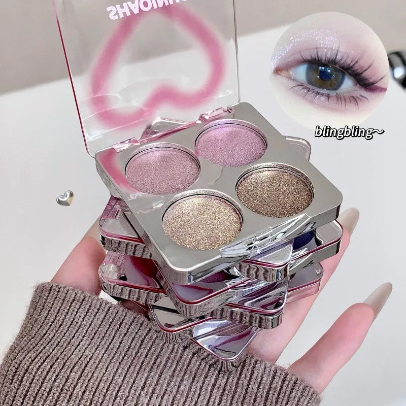 Eyeshadow Highlighter Palette, 4 Shade Galaxy Glitter & Matte, Icy Pink & Blue Shimmer Brightening Powder, Natural Silky Smooth