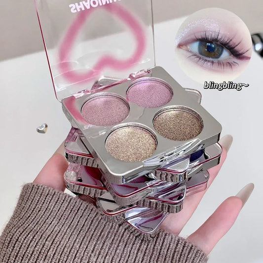 Eyeshadow Highlighter Palette, 4 Shade Galaxy Glitter & Matte, Icy Pink & Blue Shimmer Brightening Powder, Natural Silky Smooth
