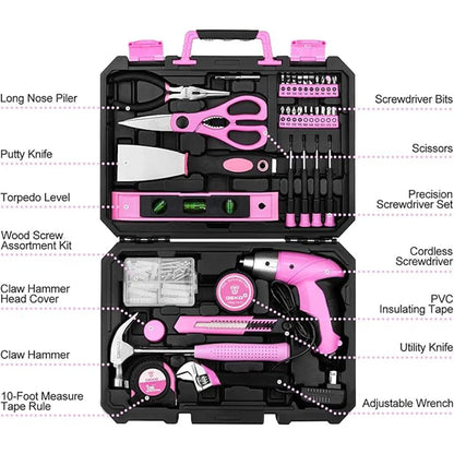 DEKO DKMT98-GP Pink 98 Piece Tool Set General Household Hand Tool & for Woodworking Kit with Plastic Toolbox Storage Case