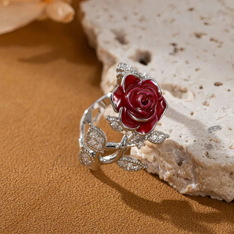 Vintage Red Rose Flower Ring for Women Elegant Jewelry Gift for Valentine's Day Anniversary Engagement Wedding Christmas