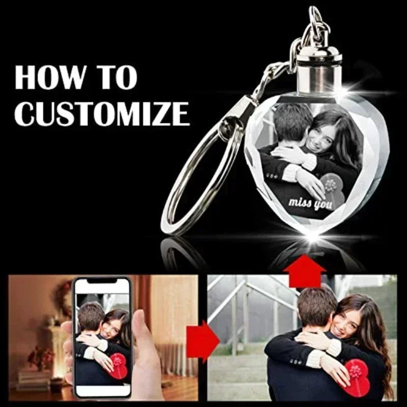 1PCS Free Engrave Personalized Crystal Keyring Free Design Gift with LED Light Customized Photo Keyring Commemorative Pendant