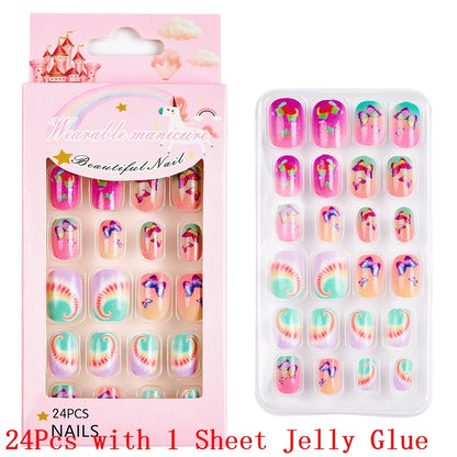 12pcs Cute Kids Dress-Up Fake Nail Girls Press on Nails Princess Pretend Play Toy Nail Tips Self-adhesive Children False Nails *