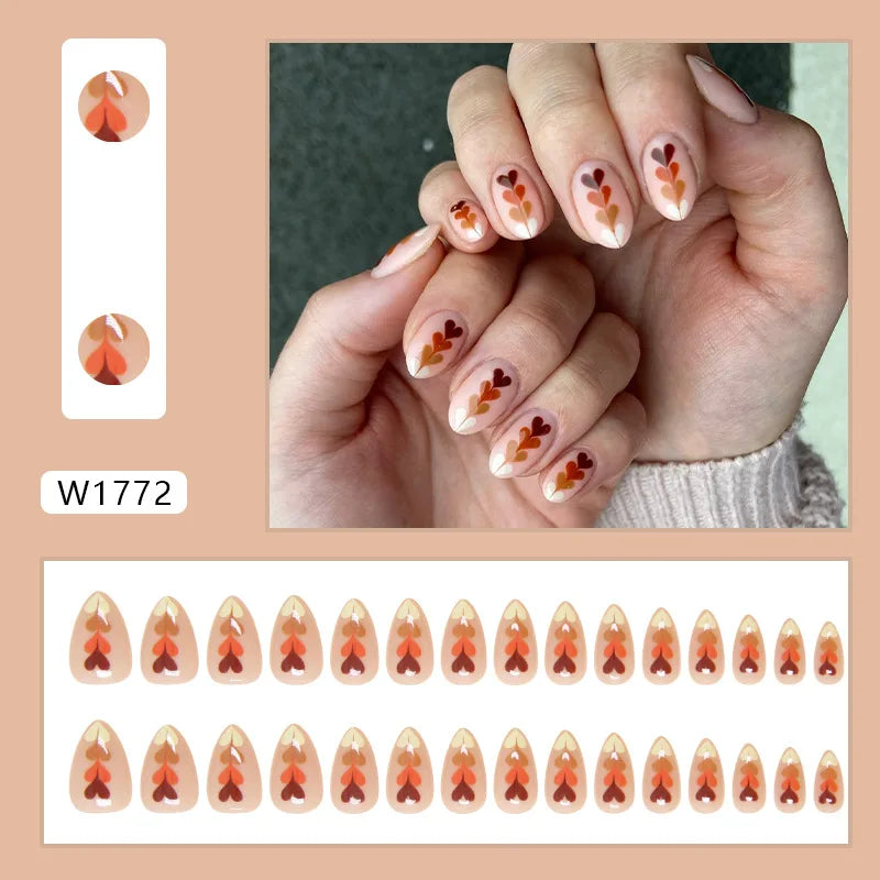Caramel Flower 24 Pcs Press on Nails Pink Gradient Fake Nails Glossy Artificial Finger Manicure Reusable False Nails for Women