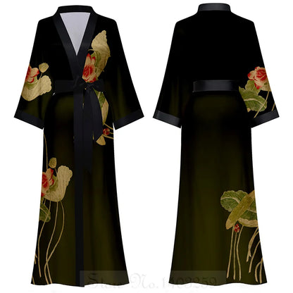 Elegant Print Flower Women Long Robe Loungewear Silky Satin Kimono Bathrobe Gown Spring Autumn New Sleepwear Home Dress Negligee
