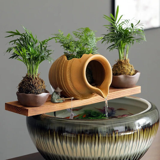 Ceramic Jar Water Fountain Fish Tank Decortive Water Dispenser Aquarium Waterfall Filter Water Dispenser Ornaments Decor