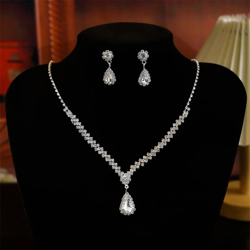 2Pcs/lot Simple Fashion Geometric Zircon Necklace Earrings Kit For Women Wedding Bride Jewelry Set Accessories Gift