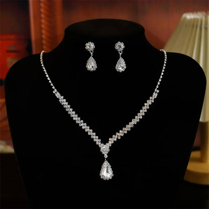 2Pcs/lot Simple Fashion Geometric Zircon Necklace Earrings Kit For Women Wedding Bride Jewelry Set Accessories Gift