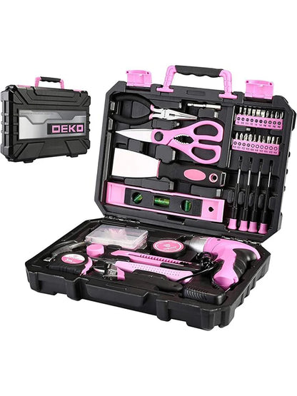 DEKO DKMT98-GP Pink 98 Piece Tool Set General Household Hand Tool & for Woodworking Kit with Plastic Toolbox Storage Case