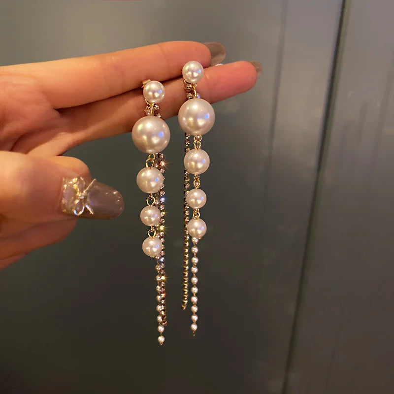 1Pair Korean Style Long Imitation Pearl Tassel Dangle Earrings For Women Trendy Full Crystal Fringe Drop Earring Vintage Jewelry
