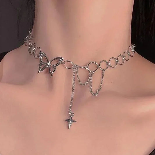 Hip Hop Butterfly Pendant Tassel Choker Necklace for Women Teens Girls Punk Link Chain Y2K Necklace Party Daily Fashion Jewelry