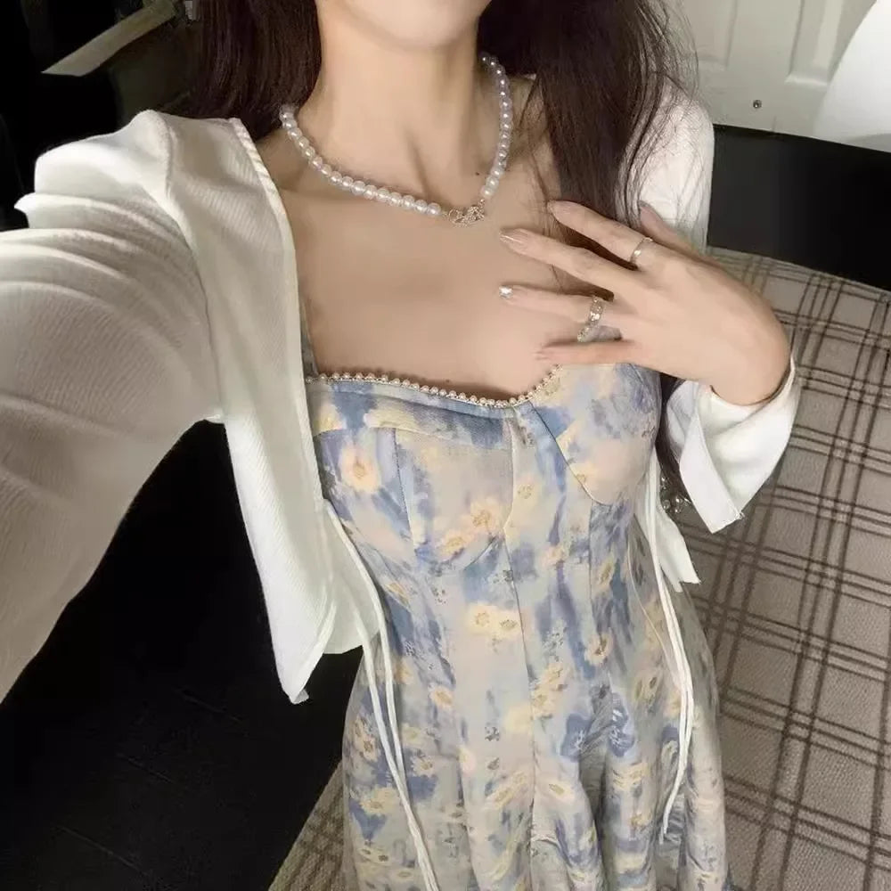 Elegant French Blue Oil Painting Fragrant Tank Dress For Women Spring Summer New Waist-Fitted Sweet Fairy Long Dress