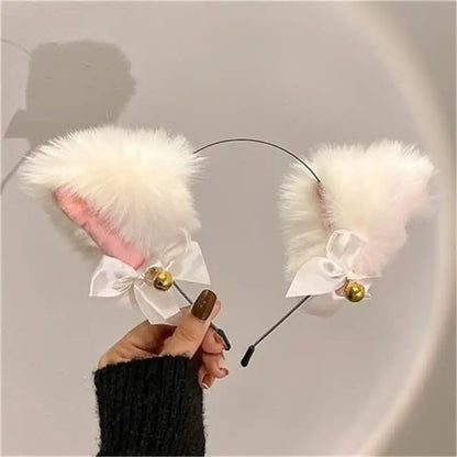 Sexy Cat Ear Bow Headband Necklace Plush Bell Hairband Girl Hairhoop Headwear Costume Accessory for Cosplay Masquerade