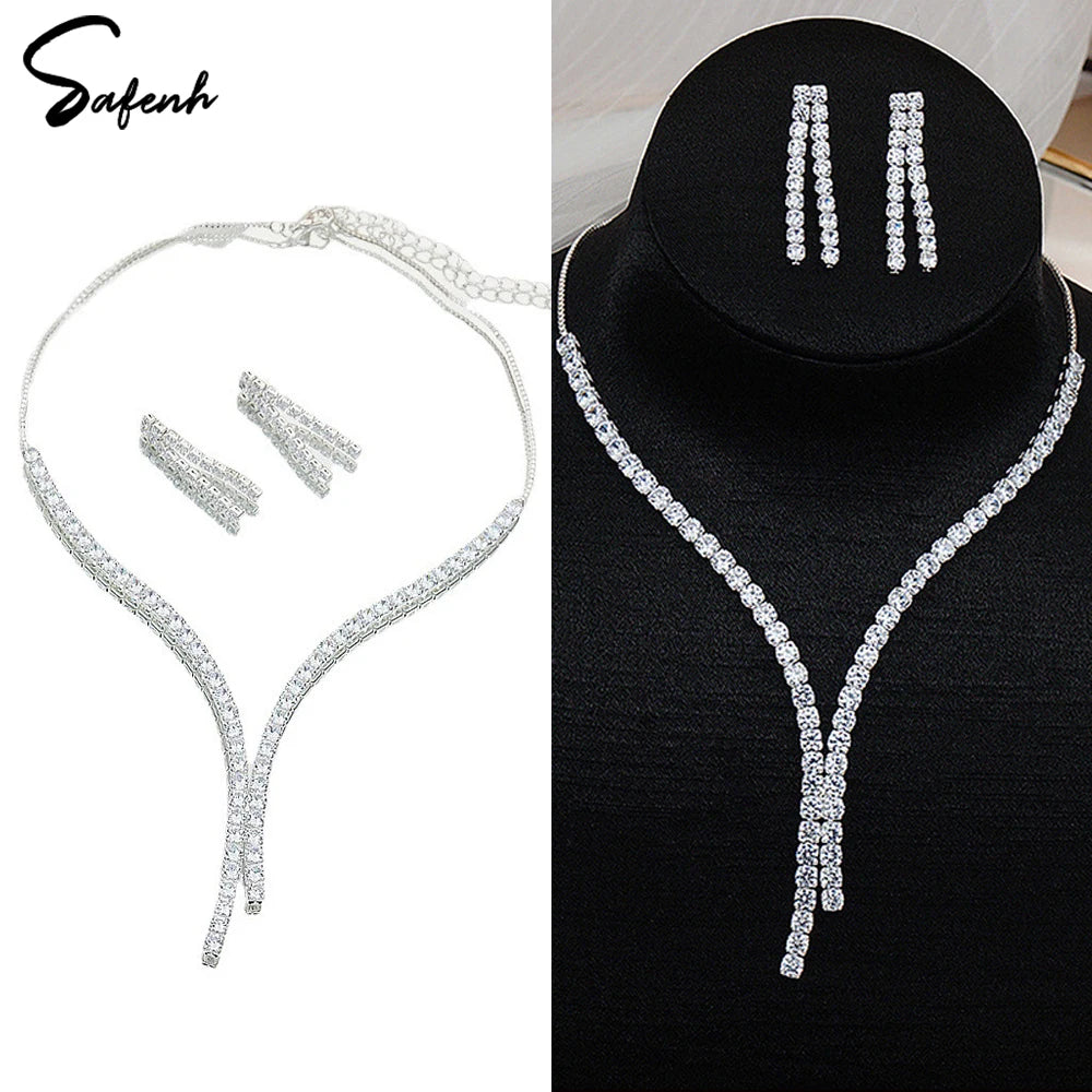 2Pcs/lot Simple Fashion Geometric Zircon Necklace Earrings Kit For Women Wedding Bride Jewelry Set Accessories Gift