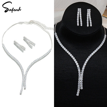 2Pcs/lot Simple Fashion Geometric Zircon Necklace Earrings Kit For Women Wedding Bride Jewelry Set Accessories Gift