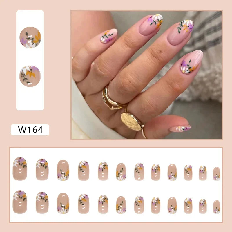 Fresh Green Tea 24 Pcs Fake Nail with Jelly sticker Press on False Nails Wearable Round Head Oval Full Cover Nail Tips