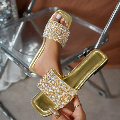 Women Slippers Rhinestone Flat Sandals Fashion Crystal Summer Slippers Comfort Non Slip Beach Shoes Women Flats Slides Women