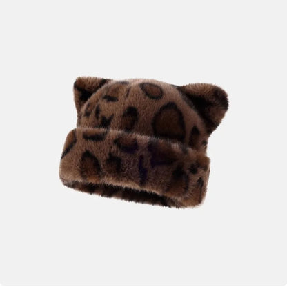 Leopard print plush teddy bear hat for women, sweet and cute, thick and warm, retro and versatile, hooded beanie.