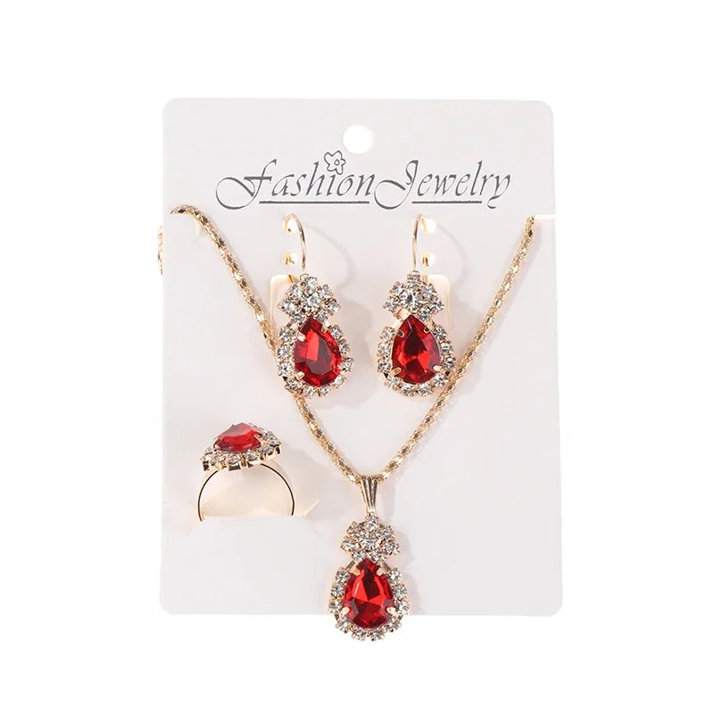 2Pcs/lot Simple Fashion Geometric Zircon Necklace Earrings Kit For Women Wedding Bride Jewelry Set Accessories Gift