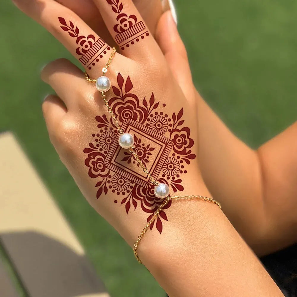 Waterproof Henna Tattoo Stickers for Women Flower Instant Fake Tattoo for Hand Temporary Tattoos for Wedding Party Festival