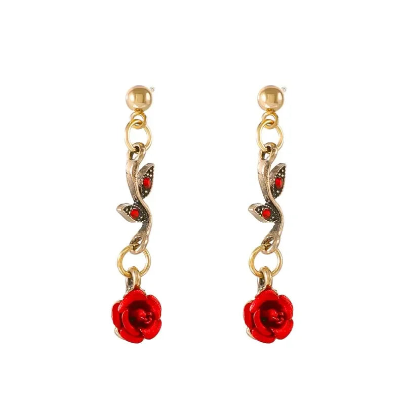 Vintage French Red Rose Flower Necklace Bracelet Set for Women Fashion Romantic Clavicle Chain Necklace Engagement Jewelry Gifts